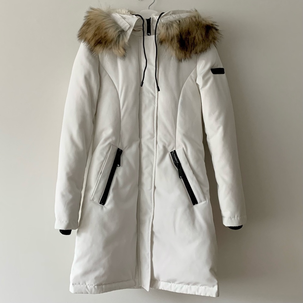 Sam Edelman White Faux Fur Trim Down Jacket, XXS